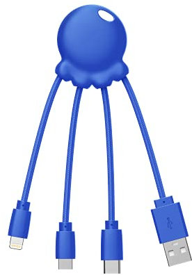 Xoopar Octopus - Cavo Multi USB 4 in 1 a Forma Di Polpo Blu, Caricatore Universale in Plastica Riciclata, Presa USB-C, Ligthning, USB-A, Micro USB Per Smartphone