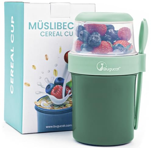 Bugucat 2in1 Müslibecher to Go 560ml+310ml, Praktischer Joghurtbecher & Müslibecher Kinder, Auslaufsicherer Lunchpot Joghurtbecher to Go mit Löffel, Salatbecher Yoghurt to Go mit Löffel, Grün