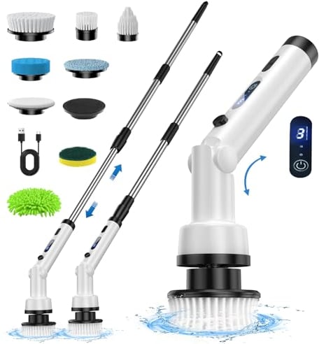 ETENTOUS Brosse Nettoyage Electrique Rotative, Brosse de Nettoyage Electrique Brosse Nettoyage Salle de Bain avec 37-140CM Ajustable et 8 TêTes 3 Vitesse Brosse Nettoyage pour Salle De Bain,Voiture