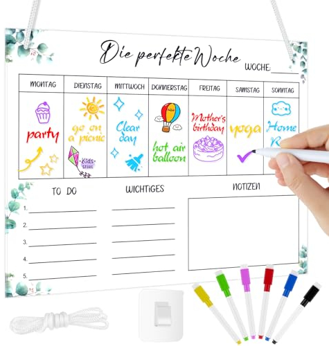 Wochenplaner Abwischbar, Aufhängen Acryl Kalender Mit 1Haken+6Marker(mit Magnet), Transparent Wochenplaner Für Kühlschrank Menüplanung und Essensplaner Familienplaner, Memoboard, To Do Liste(31*20CM)