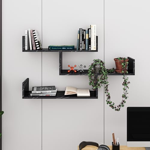 HOCUS PICUS | Wandregal mit 3 Ebenen | Modernes Holz-Bücherregal für Wohnzimmer, Schlafzimmer, Büro | 120x23x66 cm Schwarze Marmoreffekt
