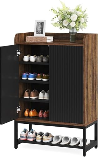 LITTLE TREE Schuhschrank mit Türen, 5-stöckiger Schuhschrank aus Holz, Schuhregal, Organizer Schrank für Eingangsbereich, Flur, Schwarz und Braun