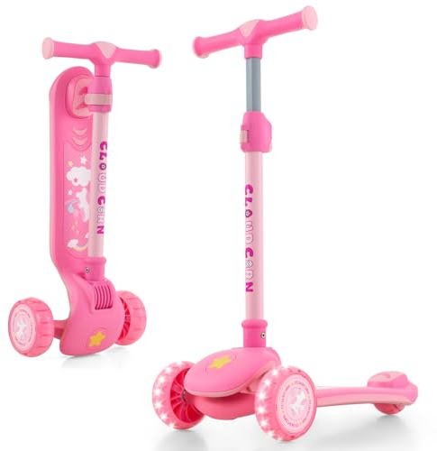 GOPLUS Kinder Roller, Klappbarer Scooter mit Verstellbarem Lenker, LED Rädern, Tretroller mit Neigen-zum-Steuermechanismus für Kinder im Alter von von 3-6 Jahren (Rosa)