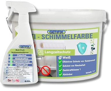 GETIFIX Schimmelentferner Spray (chlorfrei) 0,5 l + Schimmelfarbe Weiß 1 l, effektives Duo für die Schimmelentfernung und Schutz vor Neubefall, für viele Wände geeignet