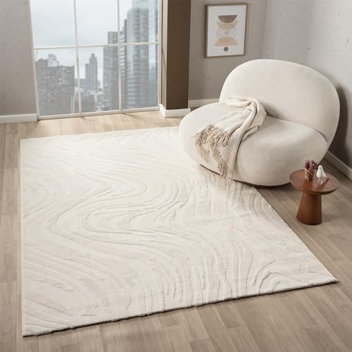 VIMODA Teppich Wohnzimmer Teppich Schlafzimmer 3D Effekt modern Weich kurzflor Wellenmuster Qualitativ, Farbe:Creme, Maße:80x150 cm