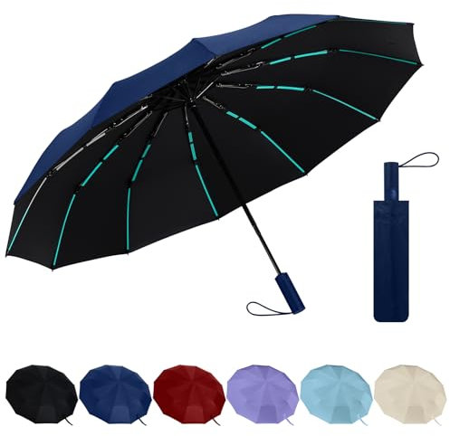 Jokisa Regenschirm Sturmfest - 12 Rahmen Faltender UV Schirm Automatik Auf und Zu, Reise Umbrella mit Verstärken Windfest Stabil Fiberglas Rippenfür Rucksack Auto Koffer (Marineblau)