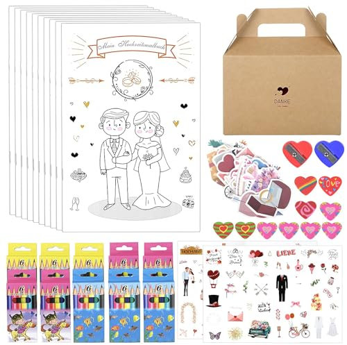 YSWOVUO 10er Set Hochzeitsmalbuch für Kinder Mit Aufkleber, Buntstifte, Bleistiftspitzer, Eraser und Geschenkbox - Gastgeschenke und Kinderbeschäftigung