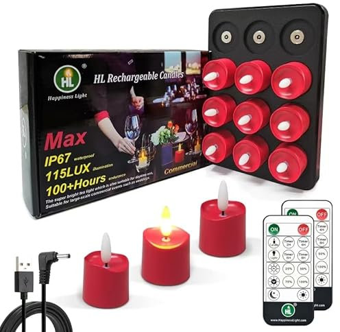 HL Wiederaufladbare LED Kerzen, 30-280 tunden Beleuchtung, max. 115 Lux, magnetische Aufladung, Wasserdichte Teelichter für Restaurants, Hochzeiten,Weihnachten,Dekorativ,Rote Schale,12 Stück/Set