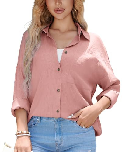 Stamain Chemisier Femme Oversize Manches Longues Coton Polyester Chemise Rose Femme Légère Été Fluide Respirant Anti-Froissé Haut Coupe Ample avec Texture Subtile Poche Poitrine de Bureau M