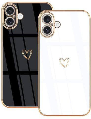 Lonrapa 2 Stück Hülle für iPhone 16 Handyhülle Süße Herz Muster Motiv für Mädchen Frauen Farbe Galvanisierte TPU Silikon Stoßfest Schutzhülle iPhone 16 Phone Case Cover - Schwarz & Weiß