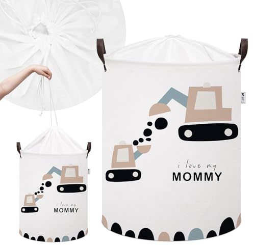 SIPO Spielzeugkorb fürs Kinderzimmer XL 43L Bagger Aufbewahrungskorb aus Baumwolle für Bausteine Kuscheltiere Spielzeug Großer Faltbarer Organizer mit Kordelzug und Wasserabweisendem Innenfutter