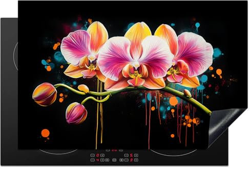 KitchenYeah© Herdabdeckplatte 81.6x52.7 cm Einteilig Herdabdeckung Abdeckplatte für Ceranfeld Abdeckung Induktionskochfeld Aufrollbare Matte Orchidee - Graffiti - Farbenfroh - Blumen - Abstrakt