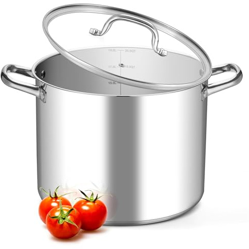 Leonyo 20QT Stock Pot, 18/10 Stainless Steel Soup Pot With Lid, Heavy Duty Stockpot Compatible with All Stoves, Food Grade Cookware for Pasta, Seafood, Spaghetti, Non Stick & Tri-Ply Base