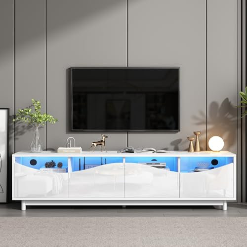 BTM Meuble TV avec Eclairage LED, Meuble TV Moderne avec 4 Portes en Verre, Portes Design Incurvées, Meuble Télé de 70 Pouces pour Salon, Charge de 30kg, 175x38x51 cm, Blanc Brillant