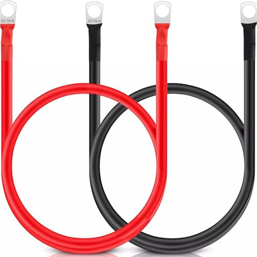 Crrynuo 2 Pcs 12V Battery Cables, 5 AWG/16 mm² 50 cm, Red and Black Inverter Cable, Car Battery Charger Cable Leads with M8 Ring Terminals Copper Wire, Truck,Motorcycle,Solar,RV,Marine