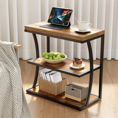 Tribesigns Kleiner schmaler Beistelltisch, Beistelltisch aus Metall im Landhausstil für das Wohnzimmer, dünner Nachttisch aus Holz mit Stauraum für Schlafzimmer, kleine Räume, Nachttisch, Büro, Braun