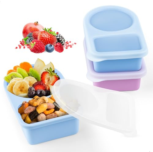 Snack Box, Recipientes Snacks, Reutilizable, PortáTil, a Prueba de Fugas, Fabricado en Silicona, con Compartimentos, Ideal para Frutas, Aperitivos, Dulces, Picnics Y Fiestas, 2 Unidades, Azul/Rosa