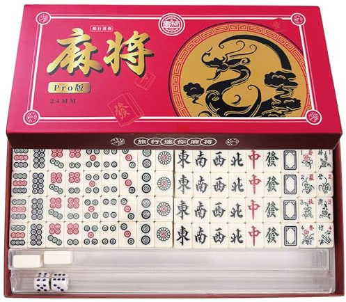 Puniama Mini Mahjong Set 144 Tiles, Portable Chinese Traditional Mahjong Game with Travel Case and 2 Dice – Family, Leisure & Travel Fun