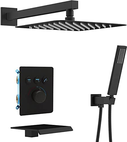 Xiaoxu Thermostat-Duschsystem, Unterputz-Duscharmatur-Set mit Wanneneinlauf, Duschkombination mit Handbrause und 30 cm Regenduschkopf, Mischbatterie, Mattschwarz