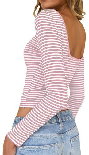 TUUHAW Camiseta Manga Larga Mujer Cuello Barco Básica Espalda Descubierta | Ajustada Camisa, Rayas Casual Tee Shirts, Elástica Blusa, Elegante Ropa, Primavera Clásico Túnica, Oficina Fiesta Camisetas