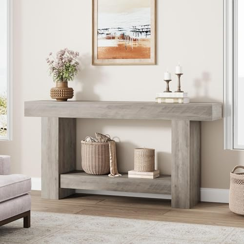 Garvee 2-stufiger Landhausstil Konsolentisch – Schmaler Holztisch mit großzügigem Stauraum – Robust & dekorativ für Flur, Wohnzimmer, Esszimmer – Grau – 1,6 Meter