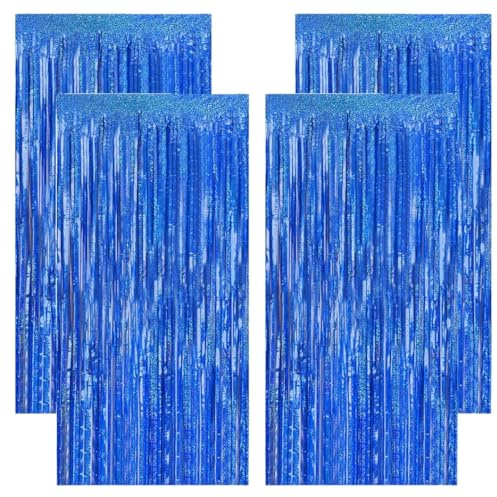 Lametta Vorhänge 4er Set – Mädchen Partydeko Folienfransen Regenvorhang Hintergrund 1x2,5m für Geburtstag, Babyparty, Prinzessin, Einhorn, Ballerina, Sweet 16, Einschulung, Jubiläum, Fee, Kpop (Blau)