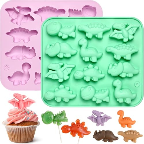 Dinosaurier Silikonform, 2 Stück Dinosaurier Backform, Cartoon Tier Schokoladenformen Pralinenform, Schokoladenform Silikon, für Süßigkeiten, Eiswürfel, Muffin (Lila und Grün)