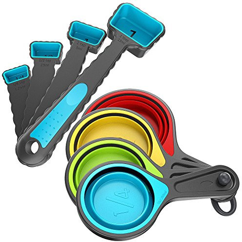 Kaptron Tools Spoons and Collapsible Measuring Cups Set 8 pcs, Multiple sizes, Multicolor