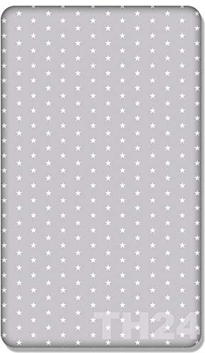 Babymam 100% Cotton 160x80cm Cot Sheets With Printed Design for Baby Junior Travel Cot Bedding Cotbed Sheet Toddler Bed (Small White Stars on Grey Background)