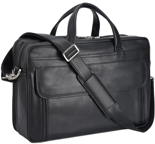 Masa Kawa Black Leather Briefcase for Men 17 Laptop Messenger Work Bag
