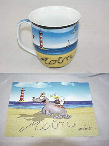 Hösti Becher & Frühstücksbrett als Set Moin mit Robbe, Möwe, Wattwurm und Leuchtturm