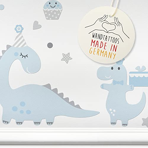 LOVELY LABEL Wandtattoo Kinderzimmer I Made in Germany I Babyzimmer Deko I Design Wandsticker Mädchen & Junge I Dinos Dinosaurier I Blau Grau
