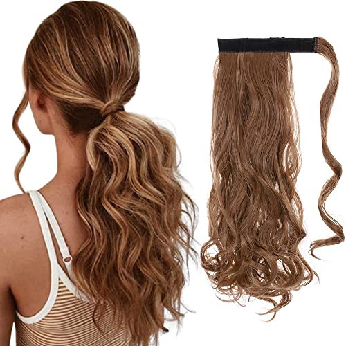Pferdeschwanz Clip in Extensions Haarverlängerung Ein Stück Magisches Klebeband in Ponytail Wrap around Haarteil Real Ombre 43cm Gewellt Helles Kastanienbraun