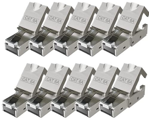 Conector RJ45 Cat 6a Conectores sin Herramientas Blindado Enchufe Macho hasta 10 Gigabit, para Cable de Red Ethernet Cat 7 Cat6a Cat6 8 Polos Enchufe | 10 Unidades