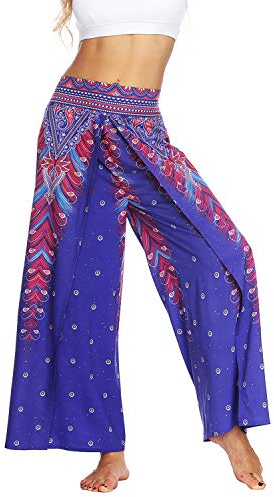 Lu's Chic Damen Boho Yoga Hose Palazzo Slit Pants Wide Leg Dance Indian Loose Bohemian Pants - - S/M
