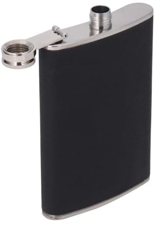 Fiaschetta Tascabile con Imbuto, Portabottiglie per Bottiglie di Liquore in Acciaio Inossidabile con Copertura in Pelle Nera per Attività di Campeggio all'Aperto (8oz)