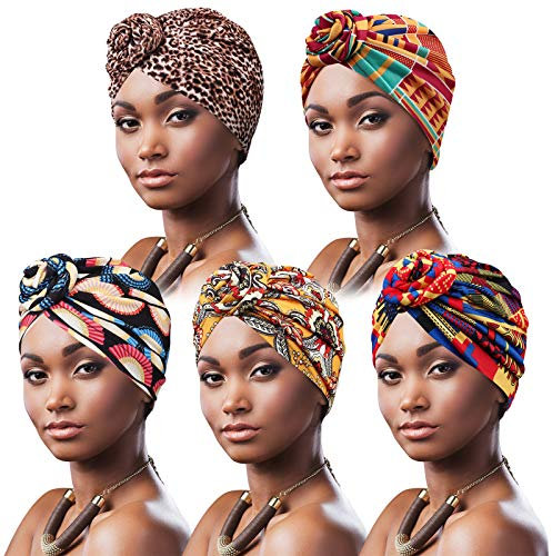 DRESHOW 5 Stücke Afrikanischen Turban für Damen Soft Vorgebunden Knot Mode Plissee Turban Hut Mütze Kopfwickel Schlafmütze
