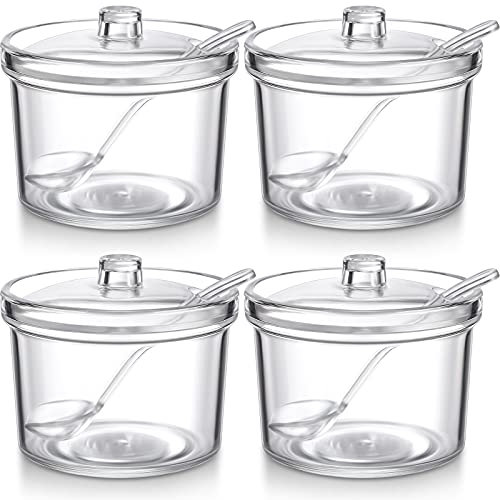 Patelai 4 Pieces Sugar Bowl Acrylic Clear Sugar Bowl with Lid and Salt Spoon Storage Jar with Airtight Lid for Salt, Tea, Spices, Herbs, Condiments(7.1 oz)