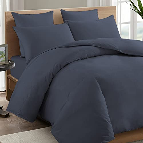 Pizuna Bettwäsche 135x200 + 80x80 Baumwolle Dunkelblau 600 Fadenzahl | 100% Langstaple Baumwolle Bettbezug und Kissenbezug, Mako Satin 2-Teilig Bettwäscheset 135x200 + 80x80 Dunkelblau Mako Satin