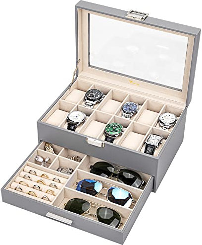 Voova Watch Boxes Organiser Jewellery Box for Men Women,2 Layer Large 12 Slot PU Leather Watch Storage Case, Glass Top Jewelry Display Holder for Watches Sunglasses Rings Necklaces Bracelets,Grey