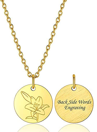 Bestyle Ketten für Damen Personalisierte Blumenanhänger Lilie aus Edelstahl Mai Geburtsblume Halskette mit Gravur Gold