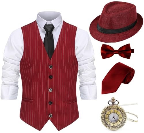 Gionforsy 20er Jahre Herren Weste Kostüm Zubehör Set mit Hut Weste Fliege Krawatte Taschenuhr Gangster Accessoires Set für Great Gatsby Mottoparty Halloween Karneval Fasching (Streifen Weinrot, L)