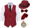 Gionforsy 20er Jahre Herren Weste Kostüm Zubehör Set mit Hut Weste Fliege Krawatte Taschenuhr Gangster Accessoires Set für Great Gatsby Mottoparty Halloween Karneval Fasching (Streifen Weinrot, L)