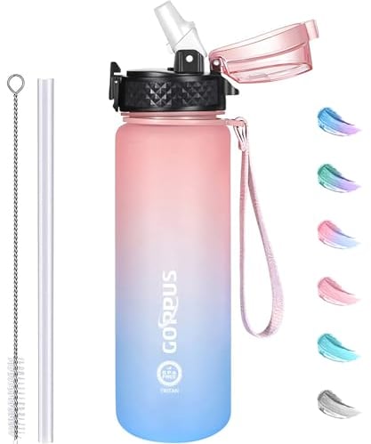 GOPPUS 500ml/17oz Kids Water Bottles with Straw Tritan Childrens Bottle with Flip Top Lid BPA Free Measured Drinks Bottles with Strap for School Girls Boys Sports Reusable Time Markings Leakproof