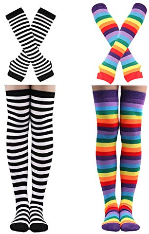 Barrlves 2/4 Sets Womens Striped Knee High Socks Long Knitted Arm Warmers Fingerless Gloves for Halloween Costume, 2sets Striped Black+rainbow Purple, One Size