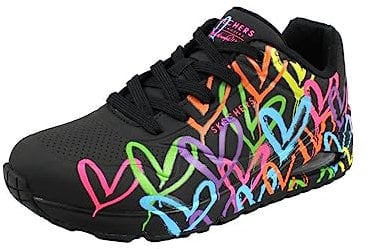 Skechers Damen James Goldcrown UNO-Highlight Love Sneaker, Black and Multi Heart Print Duraleather/Bla, 41 EU
