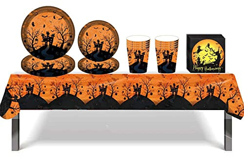 Halloween Party Tableware Set 16 Guests,Halloween Disposable Dinnerware Set Halloween Tableware Decor with Plastic Tablecloth,Paper Plates Napkins and Cups for Halloween Party Supplies Decorations