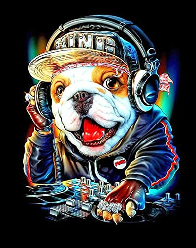 DCIDBEI 40 x 50 cm Diamant Malerei DJ Bulldogge, DIY Runde Diamond Painting Strass set Tiere Anime Stickerei Kreuzstich Hund Erwachsene Kinder Schlafzimmer Wand Dekoration