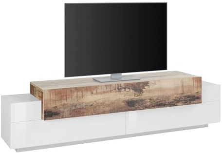 WHOUS - Mobile Porta Tv Da Terra CORONA 200cm - Mobile Tv Bianco/Acero in Melaminico - Supporto Tv da Pavimento con Piano TV in Rilievo e 4 Spazi Contenitivi - Mobile Soggiorno Moderno Made in Italy