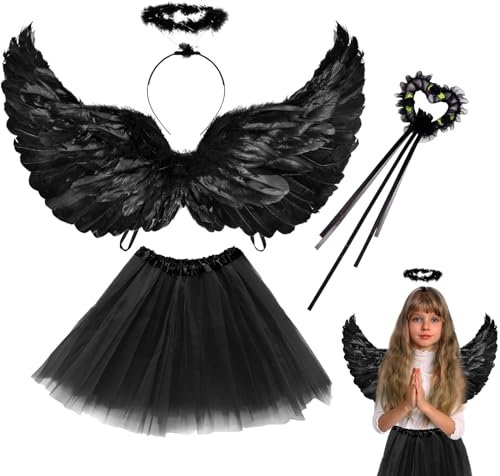 Disfraz negro de ángel de Halloween para mujer SPHERETRON Disfraz con TuTu Rock, 24,4 pulgadas compuesto de alas de pluma, halo y varita mágica, 4, unisex